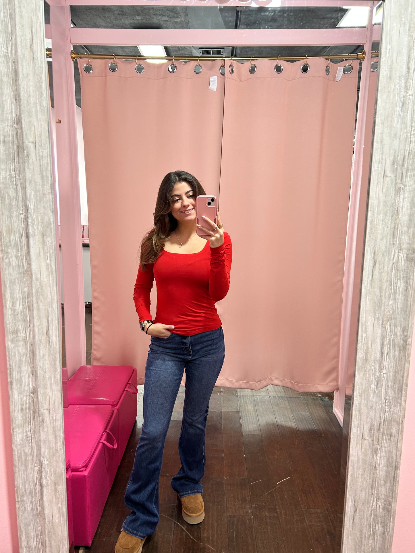 Square Neck Long Sleeve Top Red