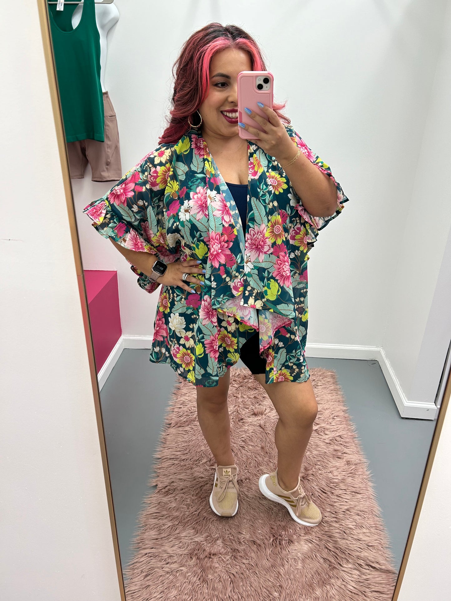 Curvy Floral Ruffle Kimono Green