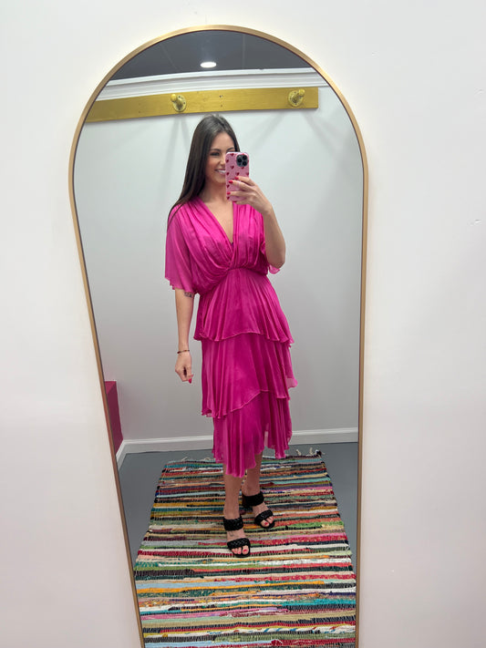 Silk Dress Solid SS Italy Hot Pink