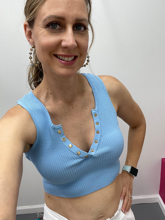 V Neck Buttons Knit Top Sky