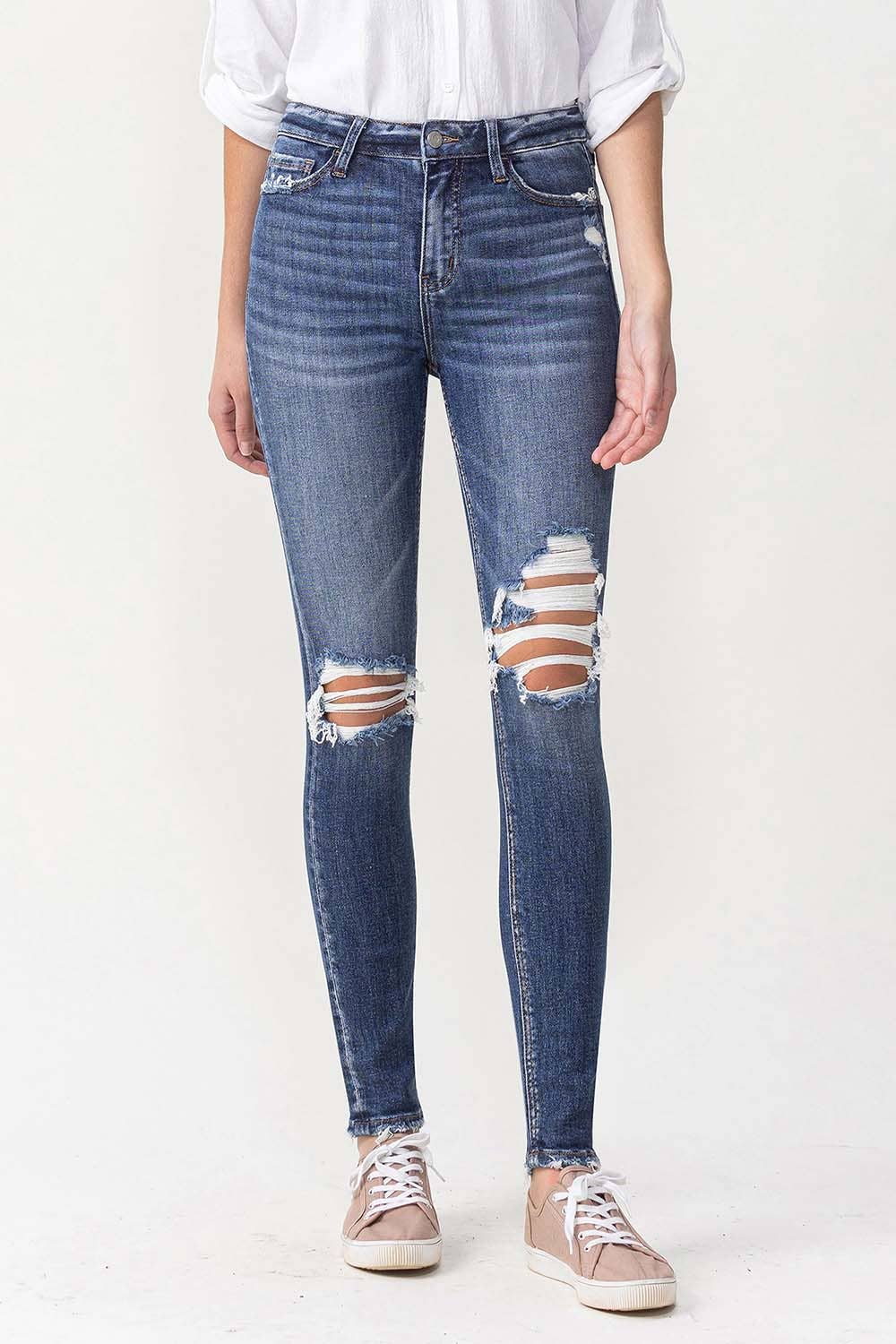 Hi Rise Distressed Skinny Jeans