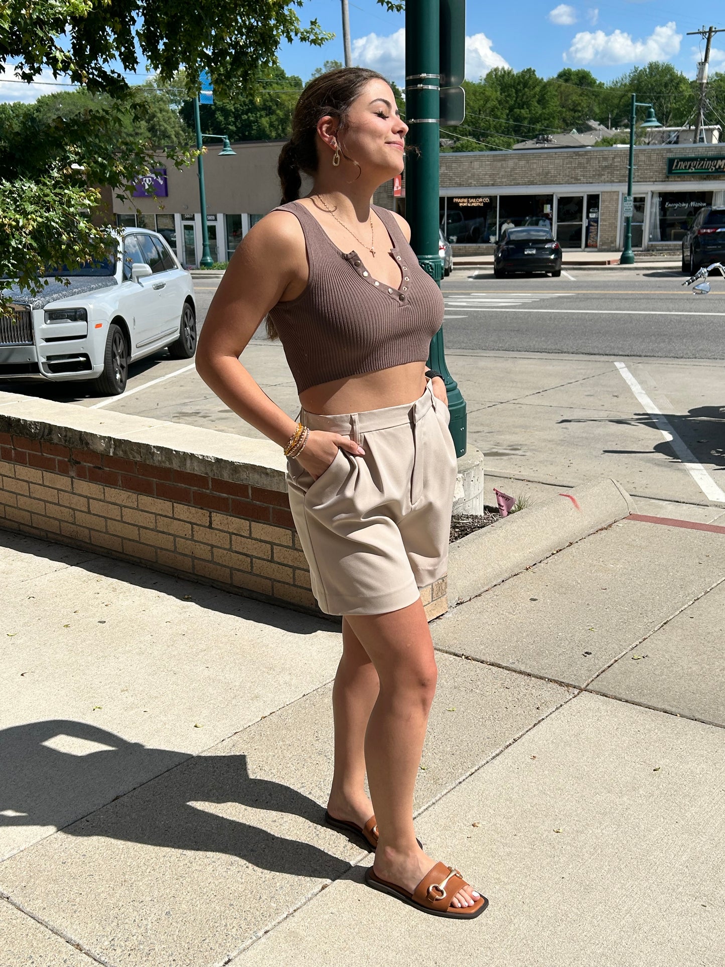 V Neck Buttons Knit Top Cocoa