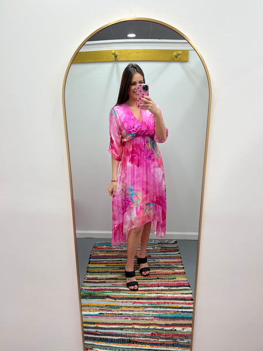 Hi Low Silk Print Dress Italy Pink