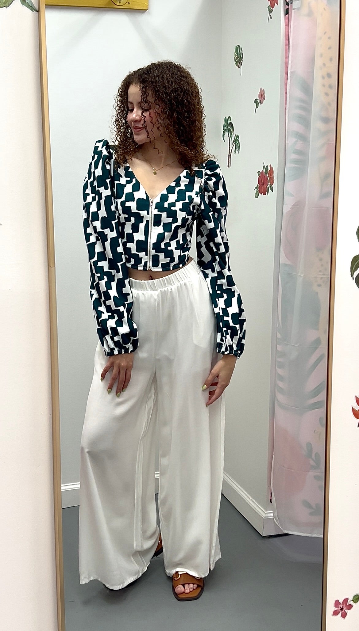 Zip Up Puff Sleeve Crop Blouse Teal