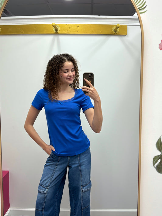 Lace Trim Ribbed Tee Royal