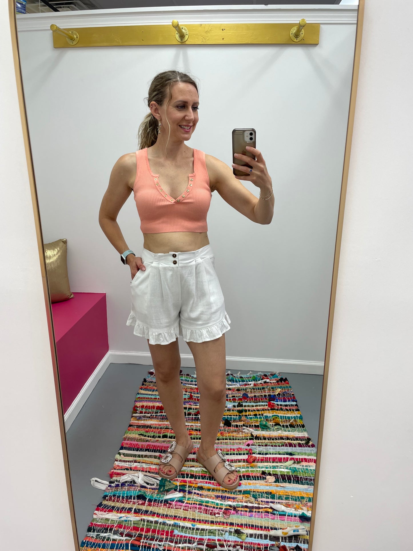 V Neck Buttons Knit Top Peach