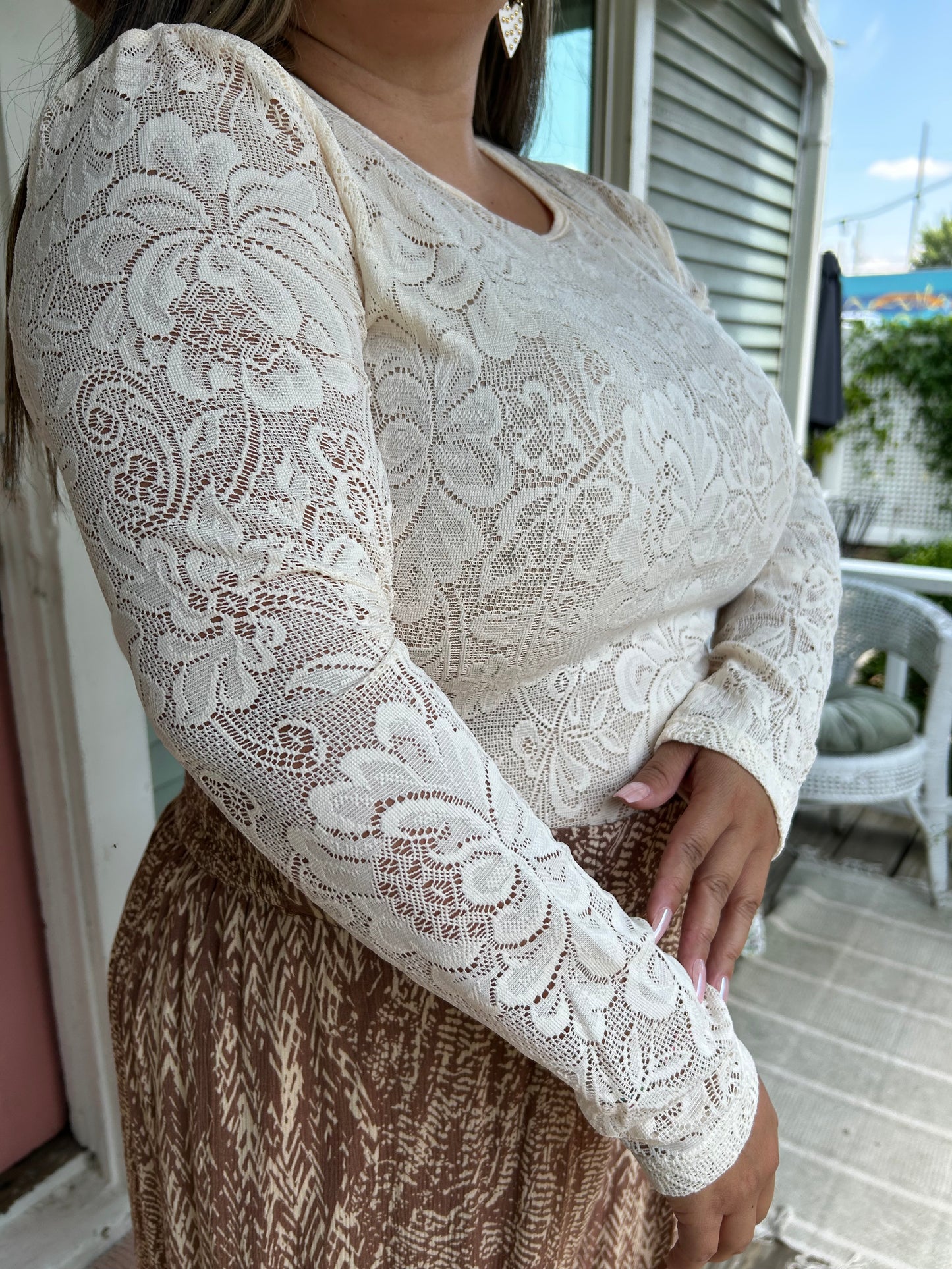 Long Sleeve Lace Top Cream