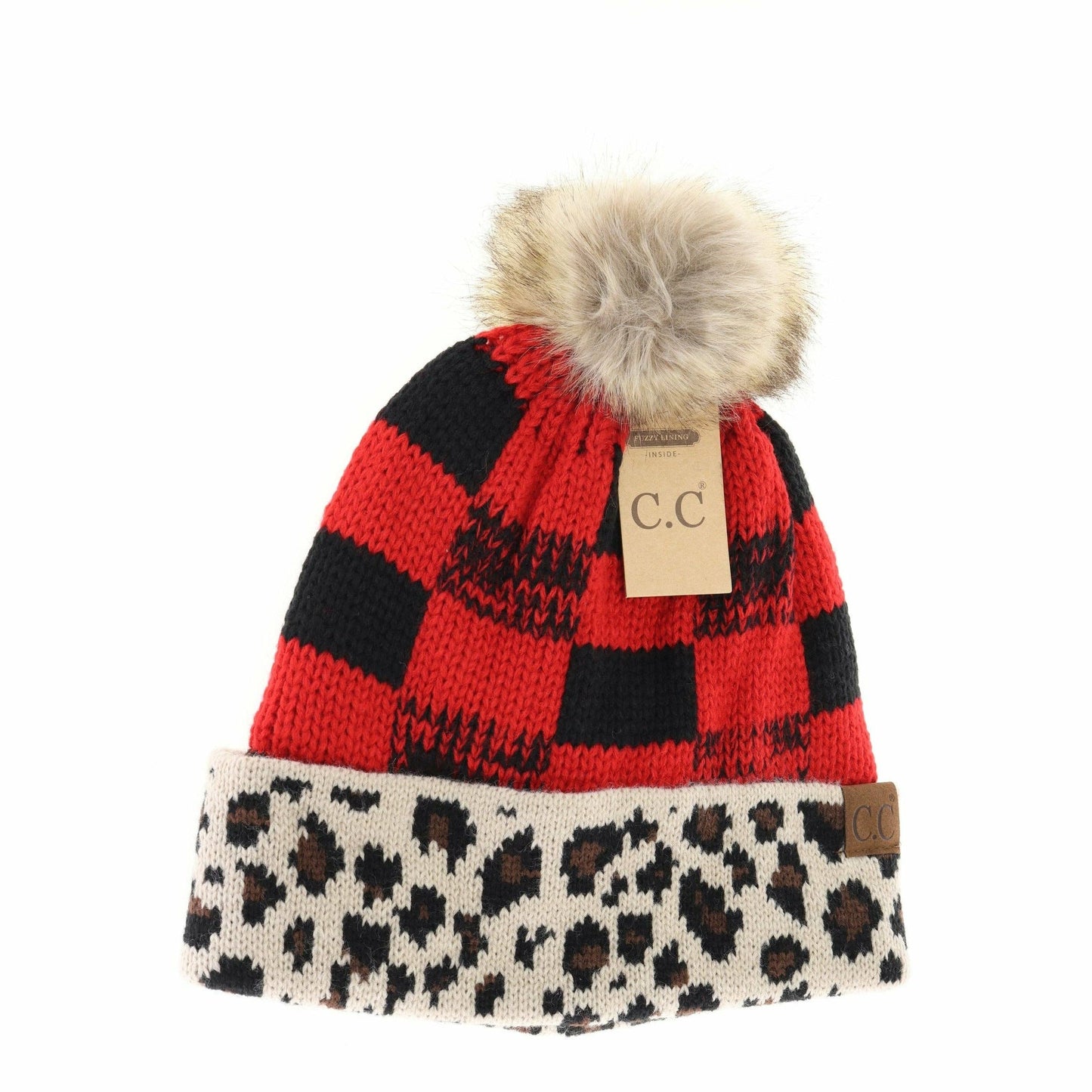 Leopard/Buffalo Fur PomBeanie