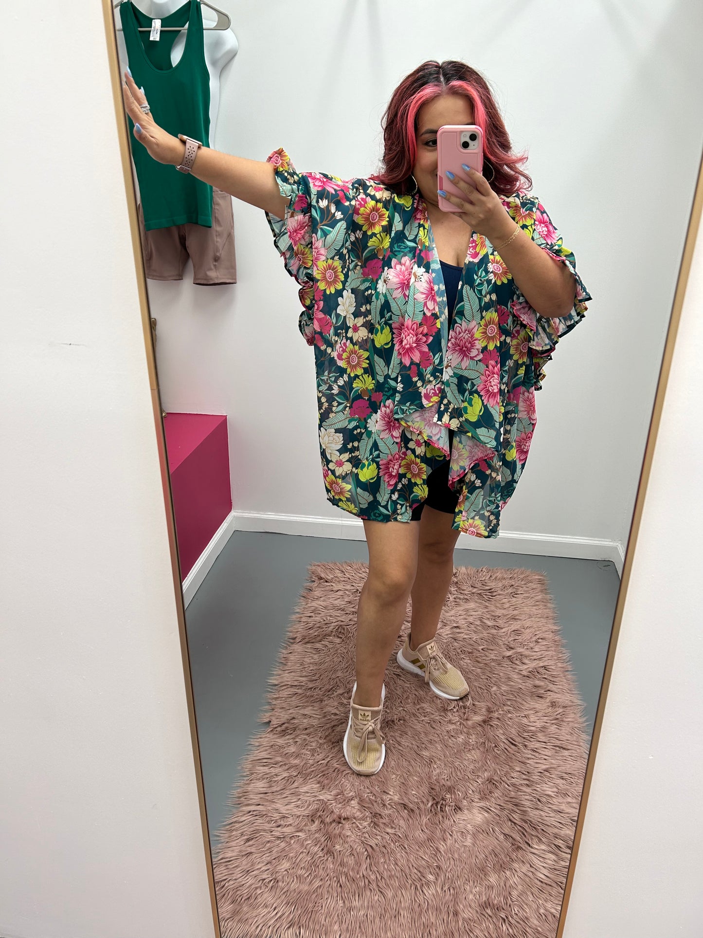 Curvy Floral Ruffle Kimono Green