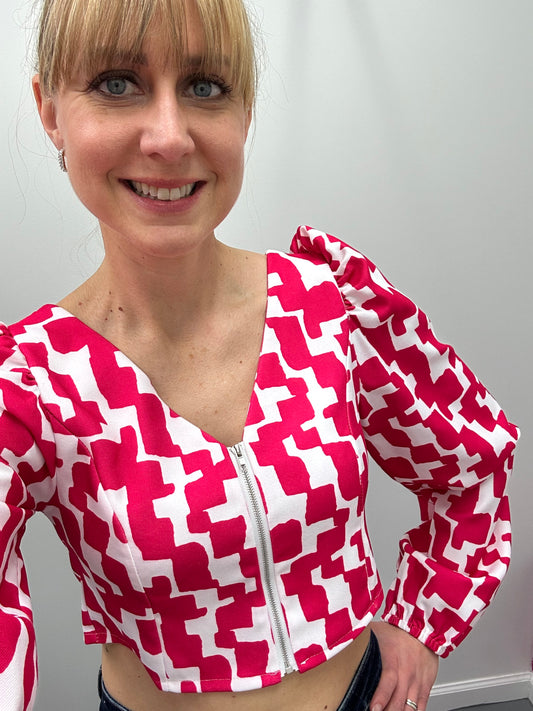 Zip Up Puff Sleeve Crop Blouse Pink