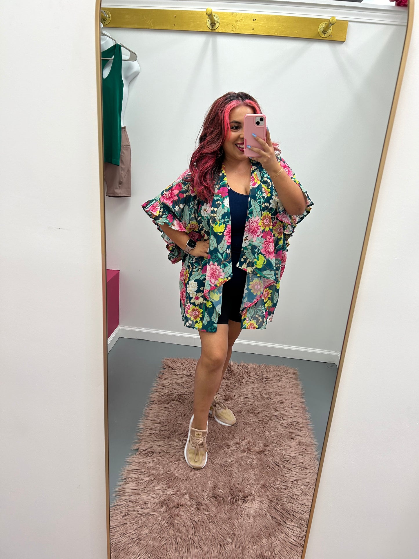 Curvy Floral Ruffle Kimono Green