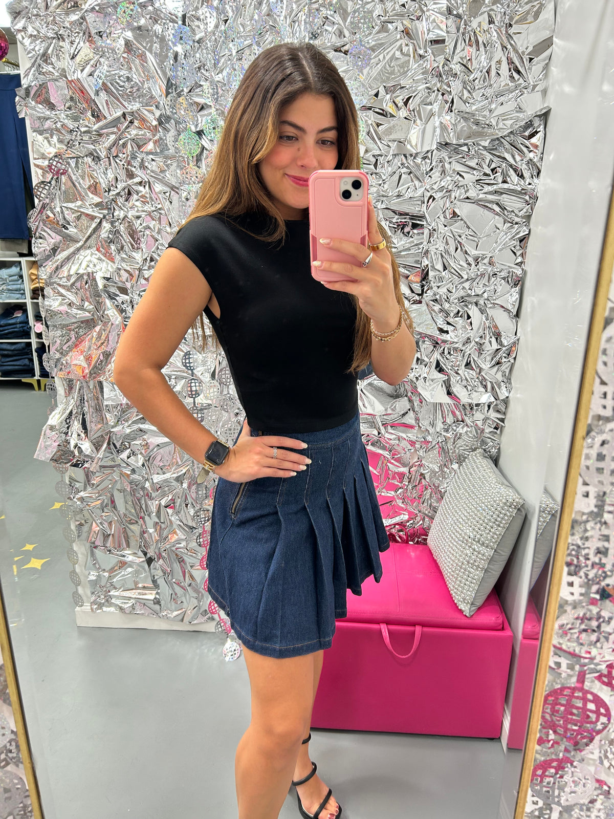 Court Side Pleated Denim Skirt