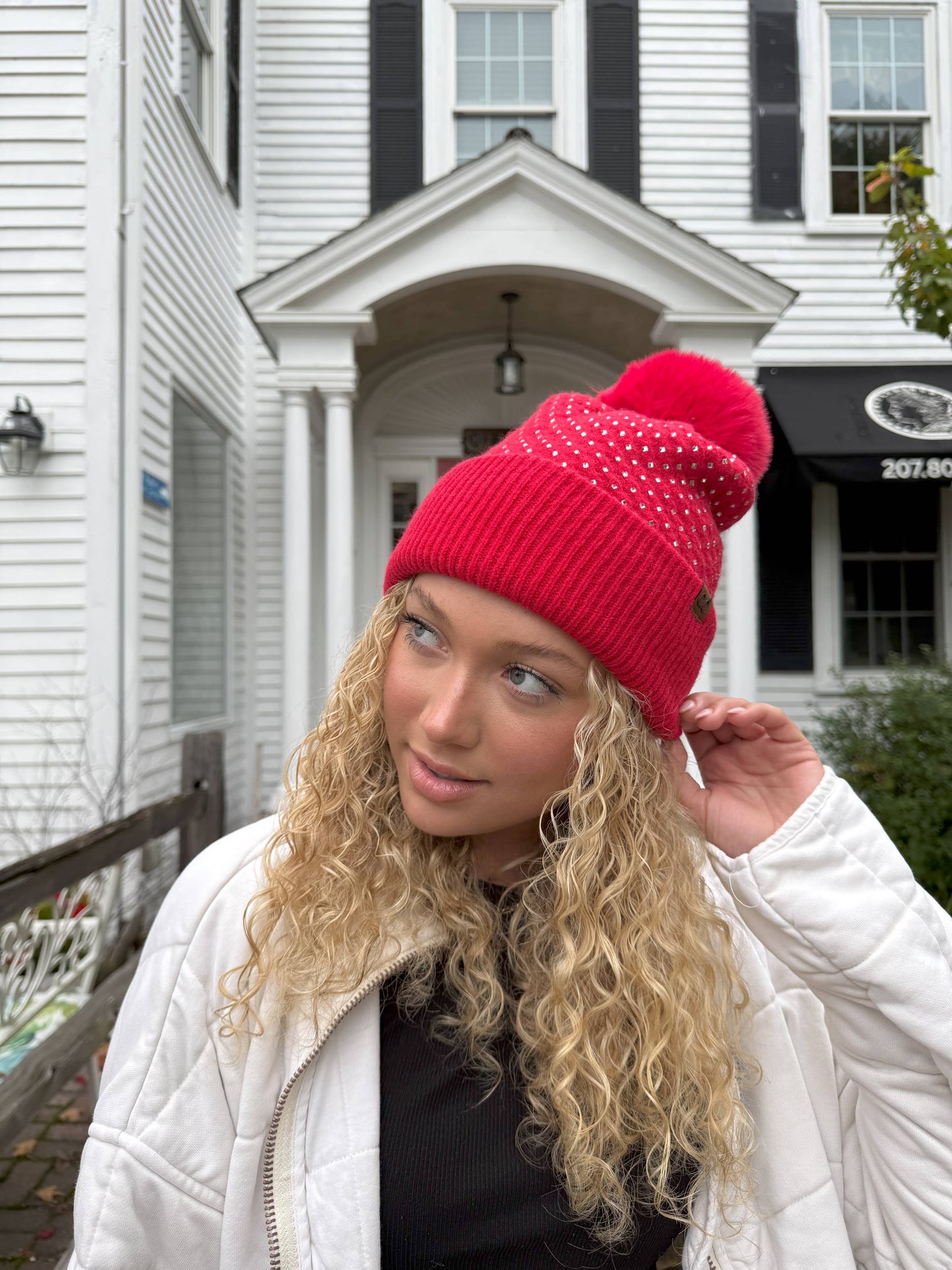 Allover Bling Pom Beanie Red
