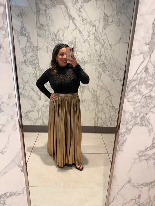 Pleated Metallic Maxi Skirt Bronze