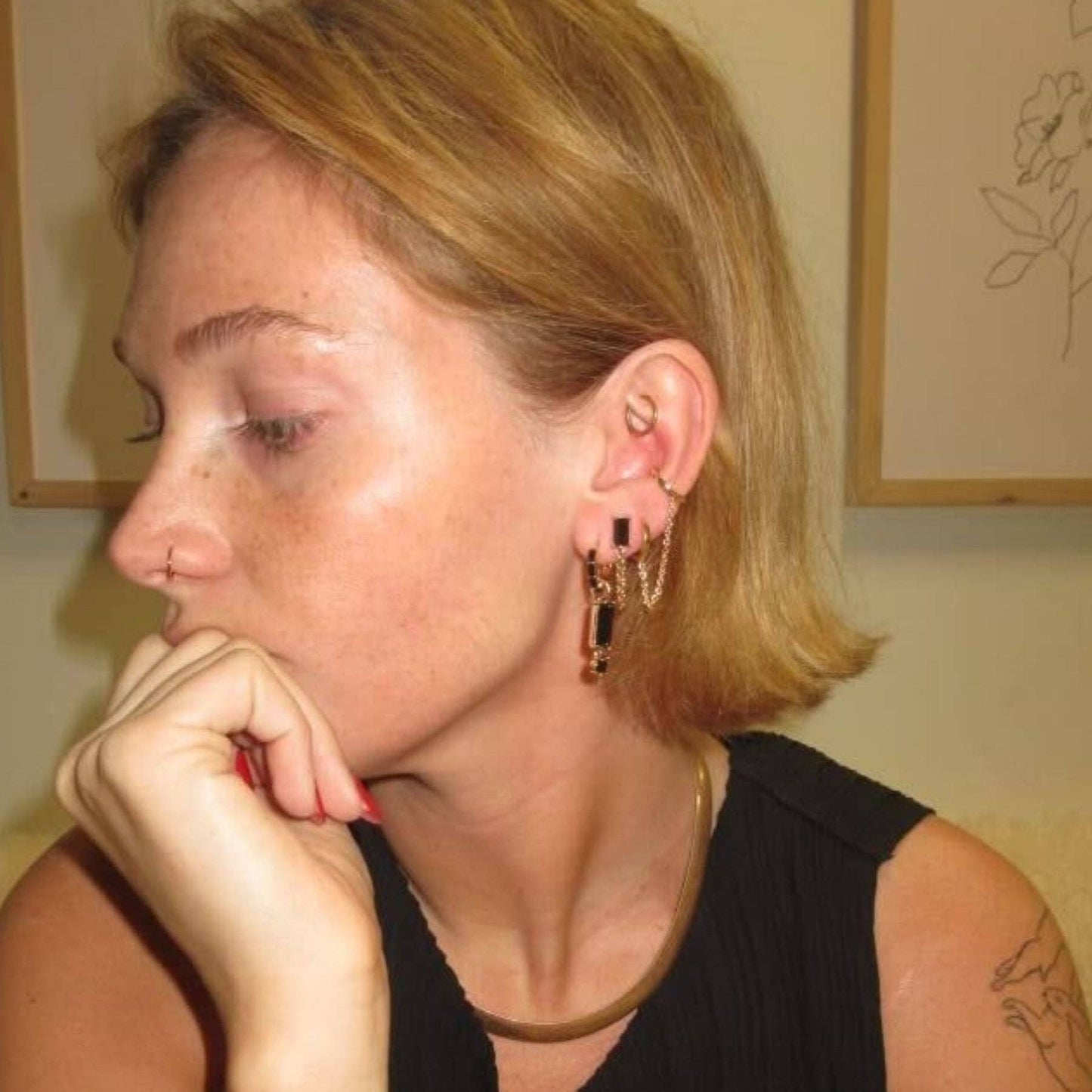 Black Baguette Chain Drop Studs