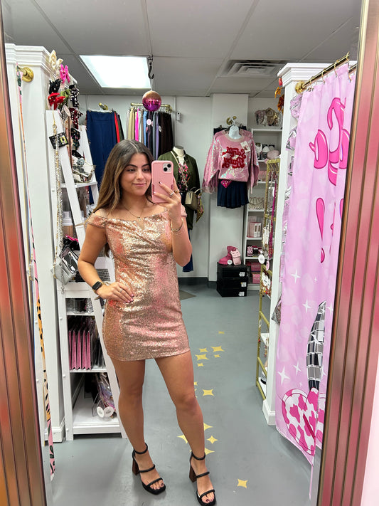 Off Shoulder Sequin Mini Dress Gold