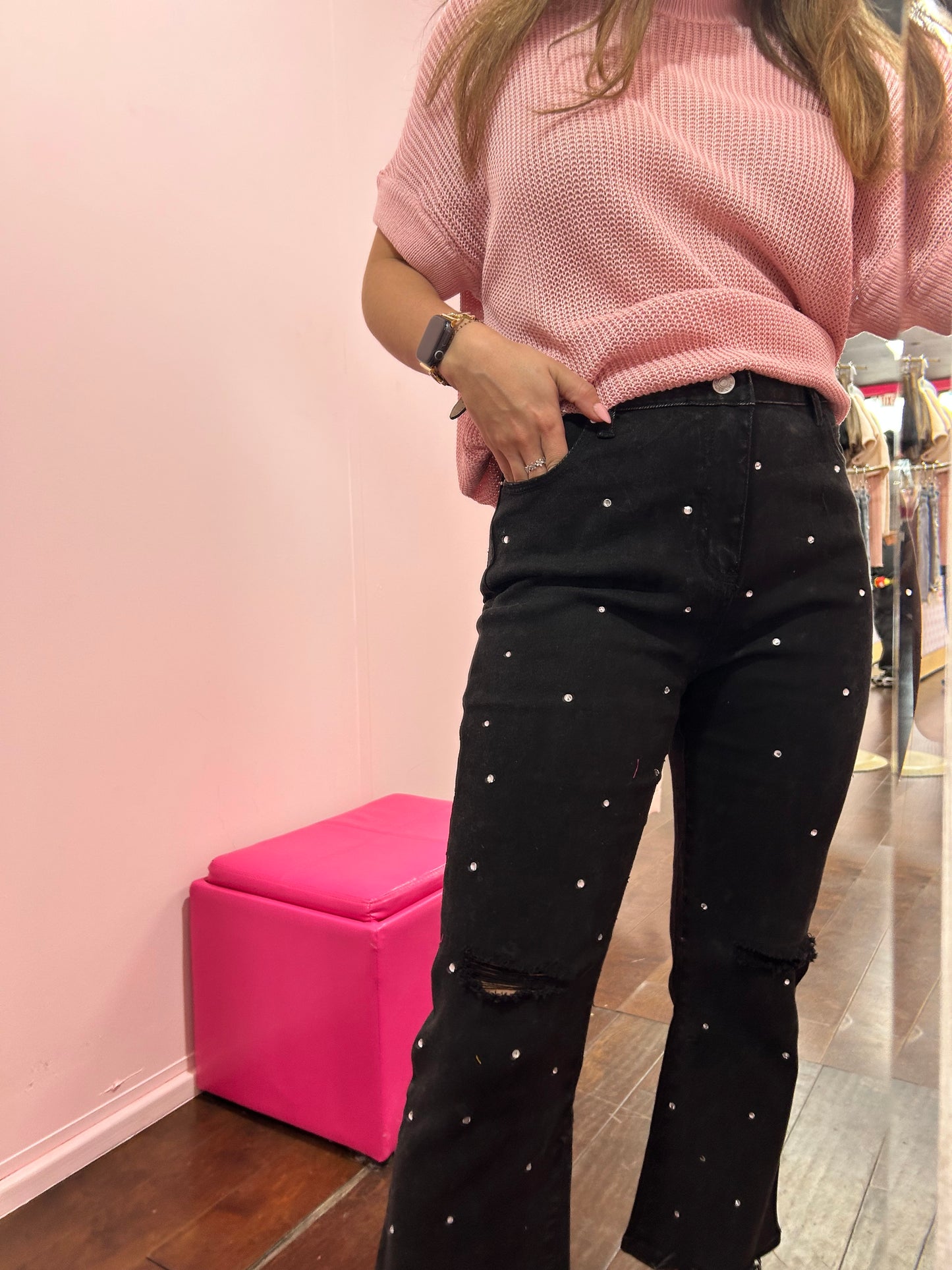 Studded Rhinestone Jeans Pink