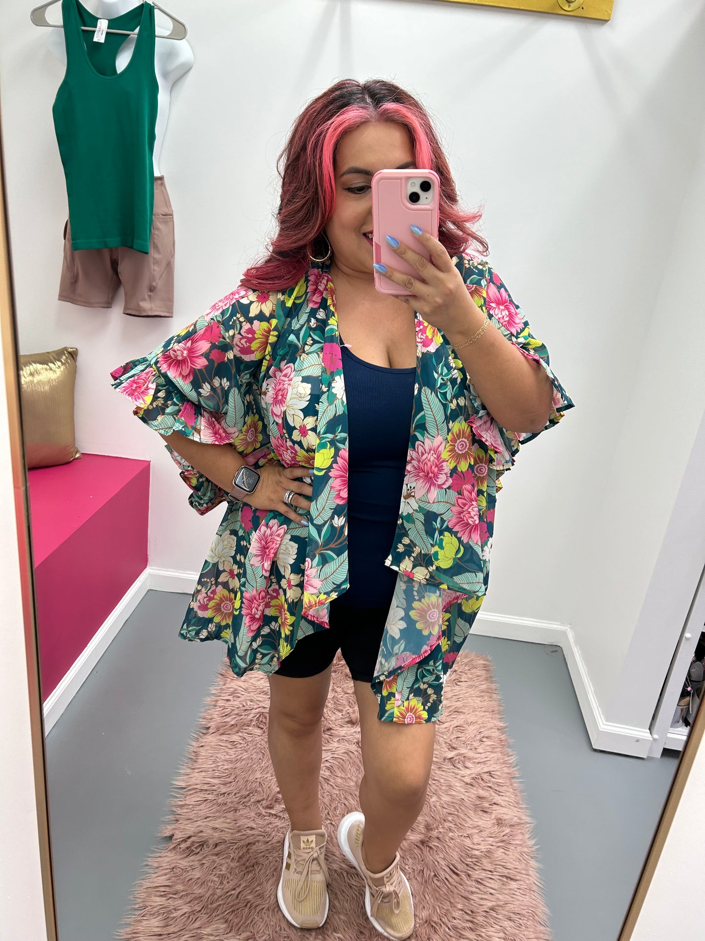 Curvy Floral Ruffle Kimono Green