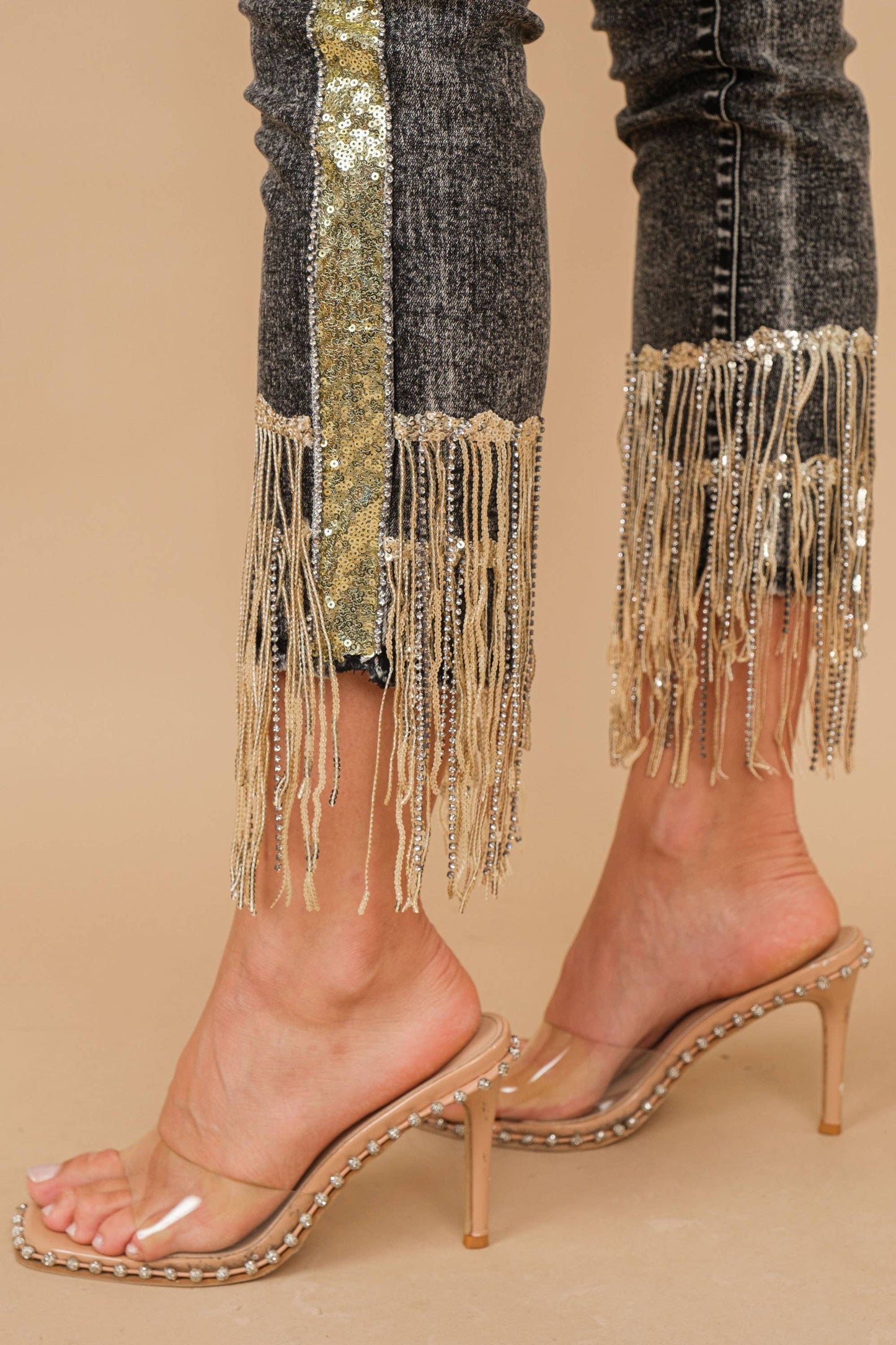 Side Sequin Fringe Jeans Black