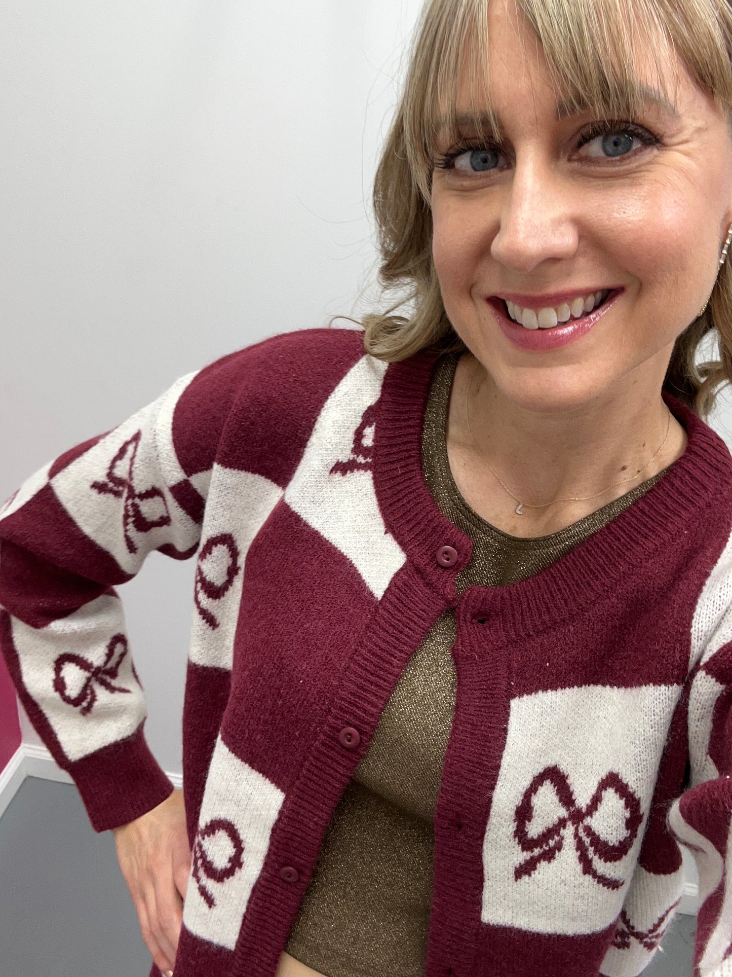 Checkered Bow Cardigan Burgundy