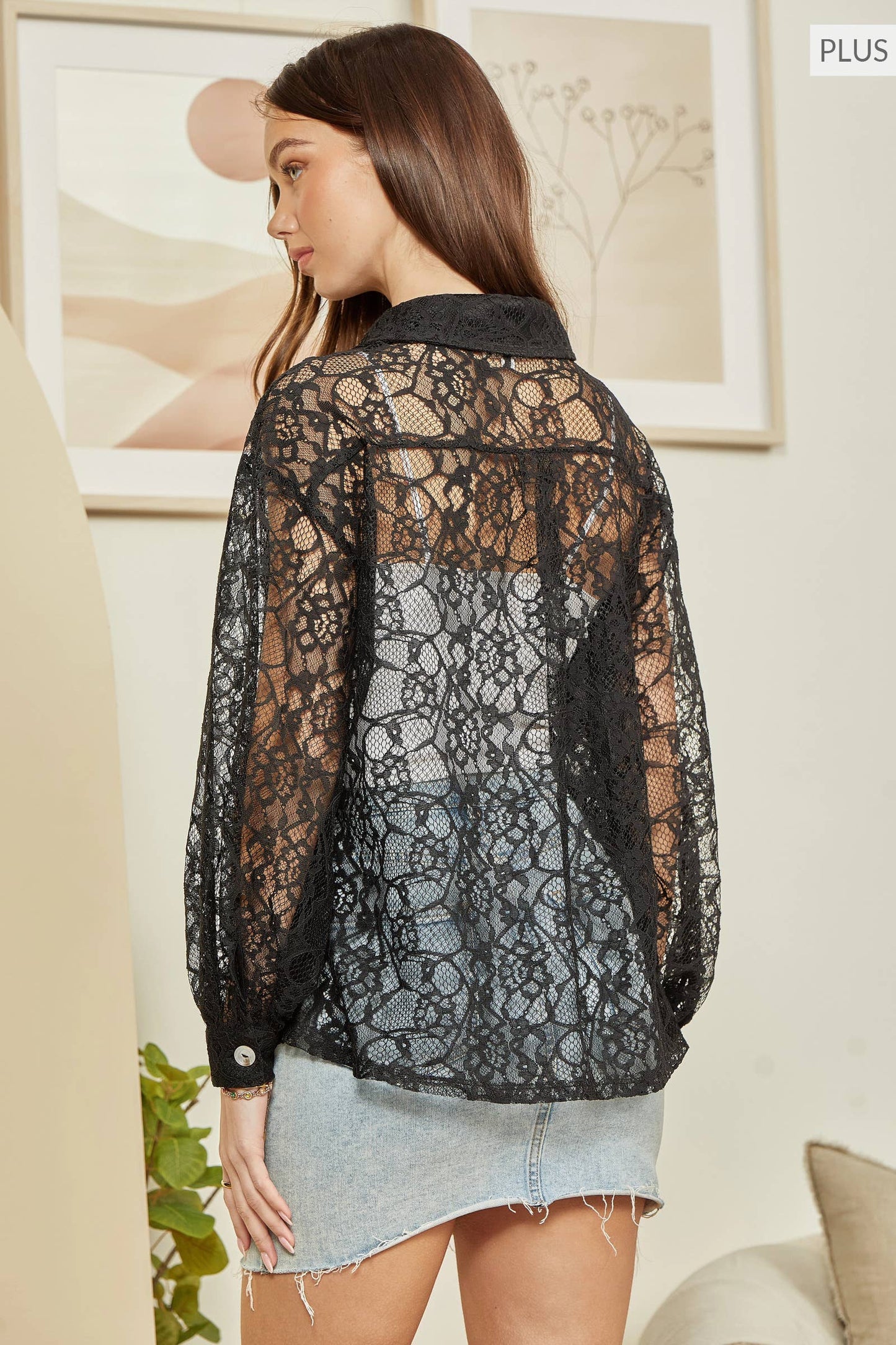 Curvy Lace Shacket Blouse Black