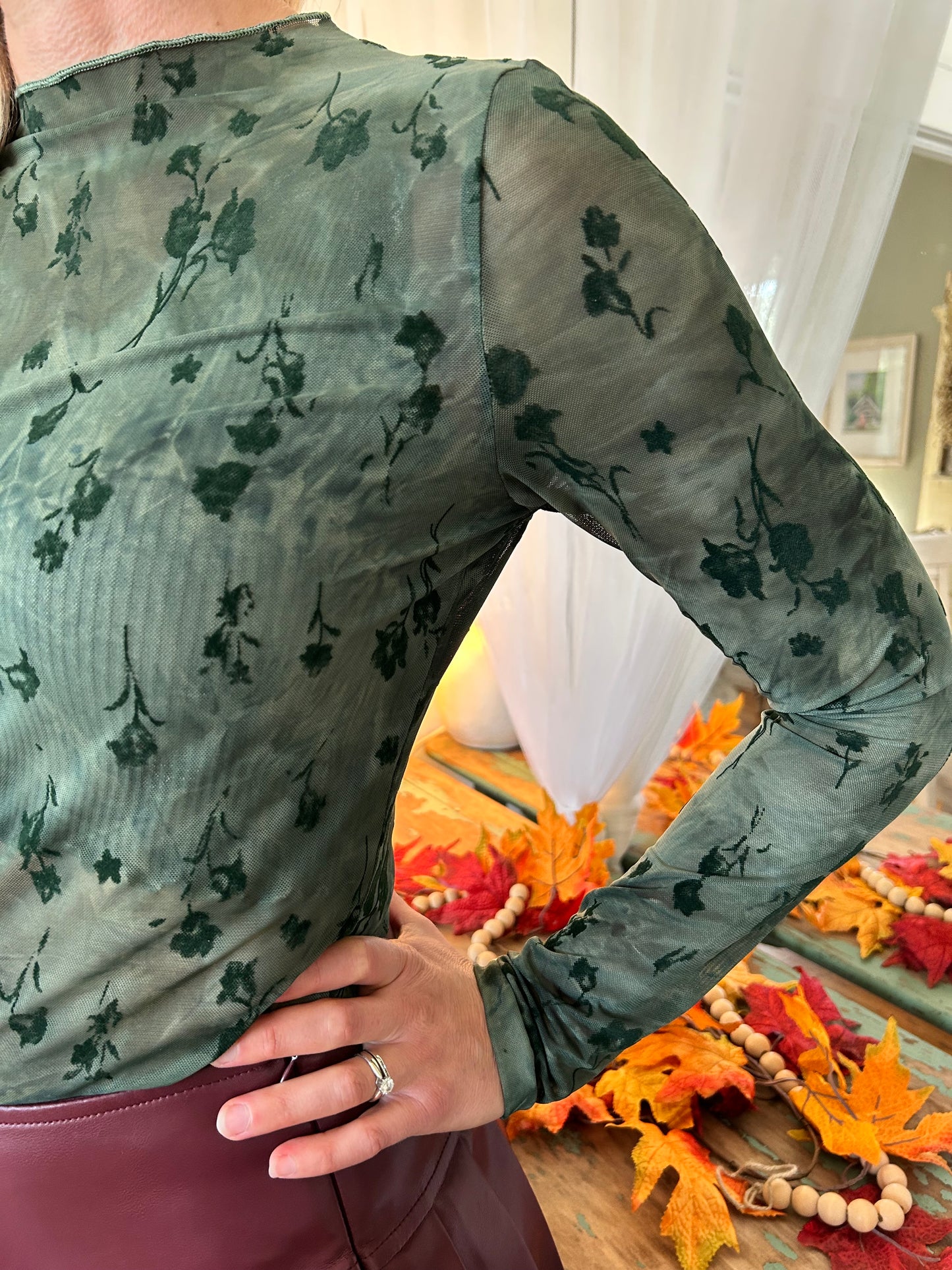 Long Sleeve Mesh/Velvet Top Green