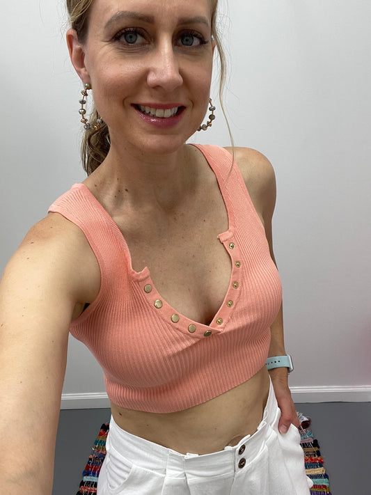 V Neck Buttons Knit Top Peach