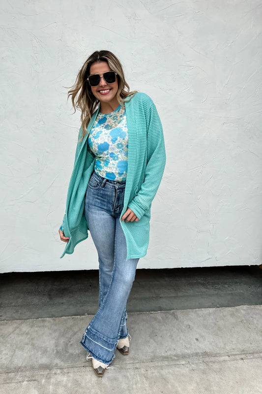 Waffle Cardigan Aqua