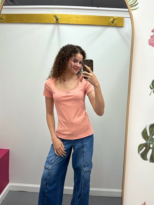 Lace Trim Ribbed Tee Peach