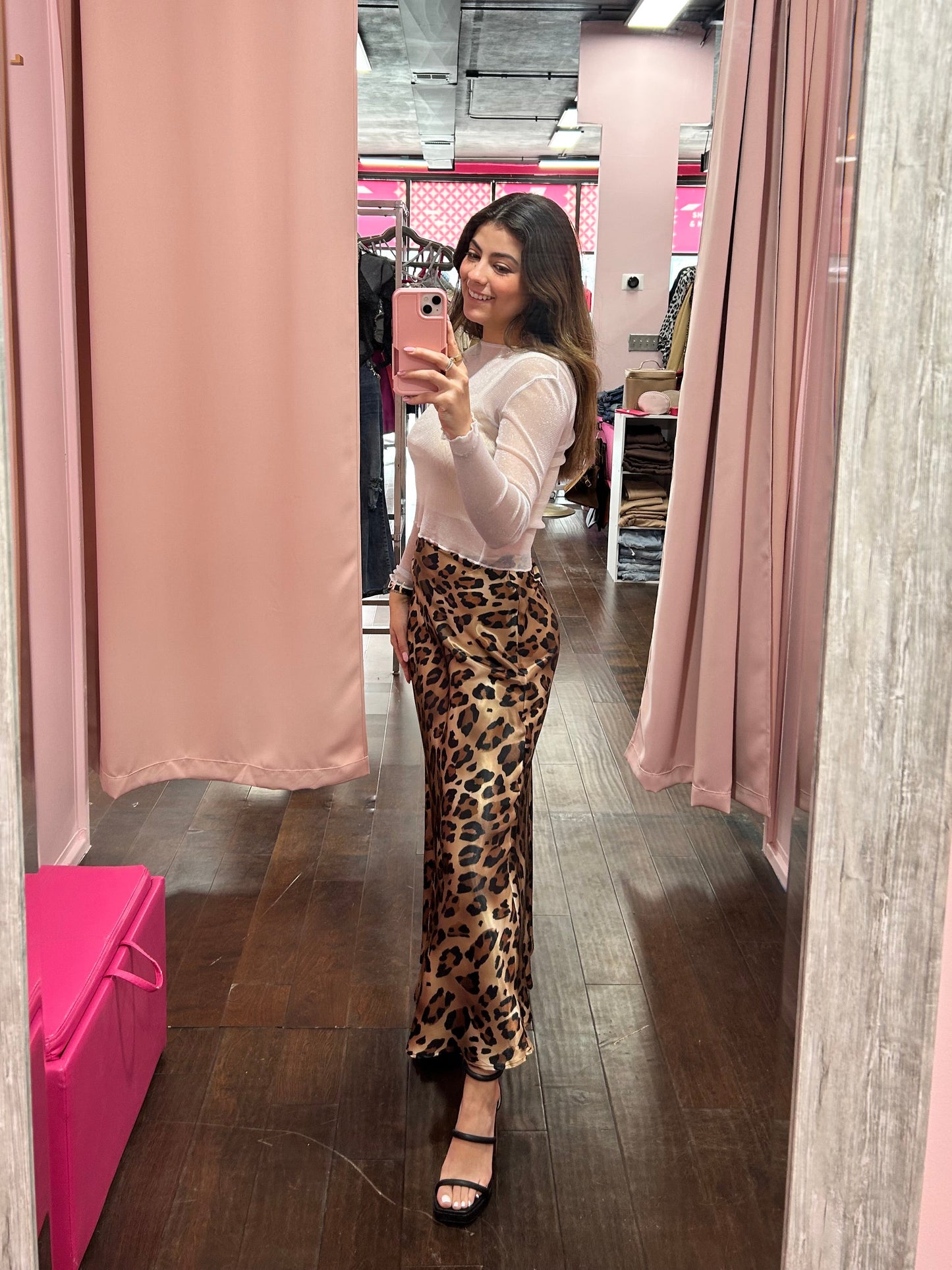 Leopard High Waist Satin Skirt