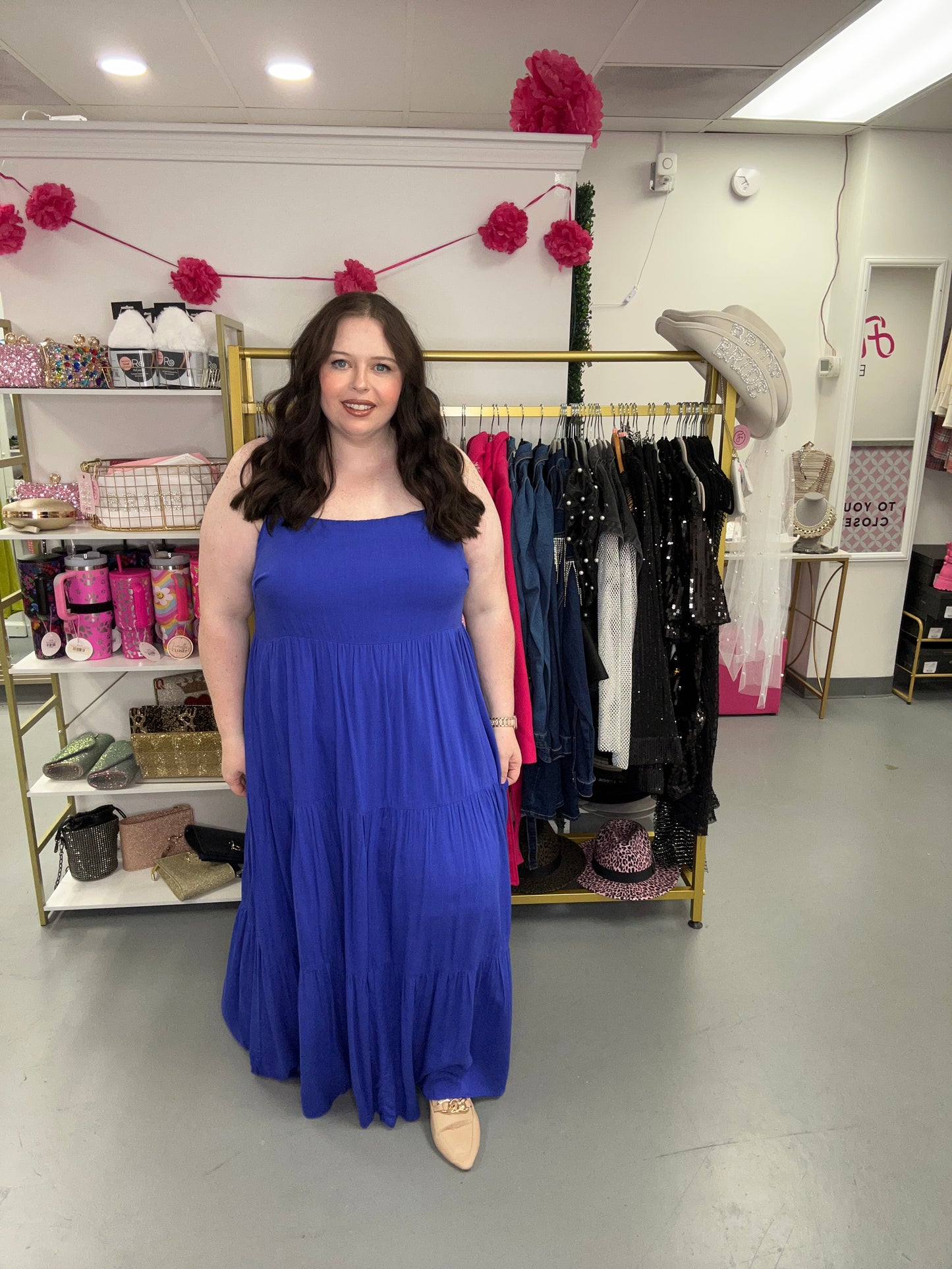 Curvy Solid Tiered Dress Blue