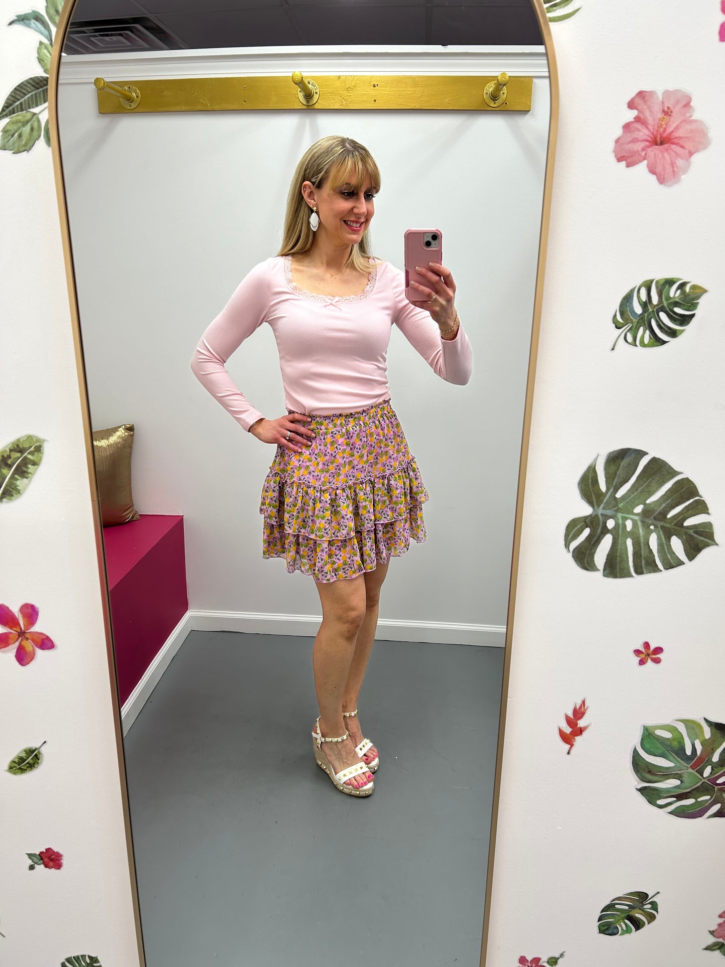 Lace Trim Ribbed Tee LS Lt Pink