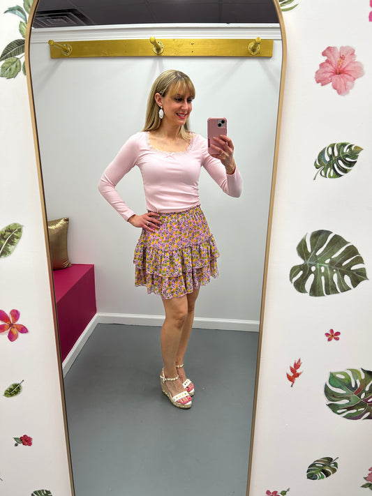 Lace Trim Ribbed Tee LS Lt Pink