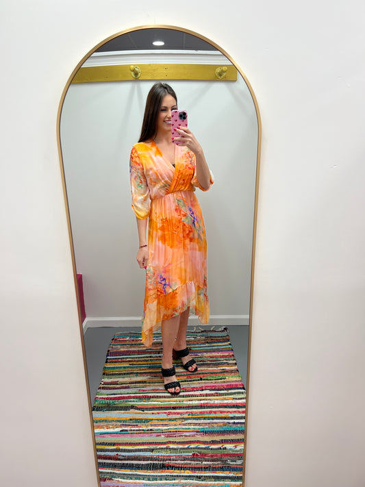 Hi Low Silk Print Dress Italy Orange