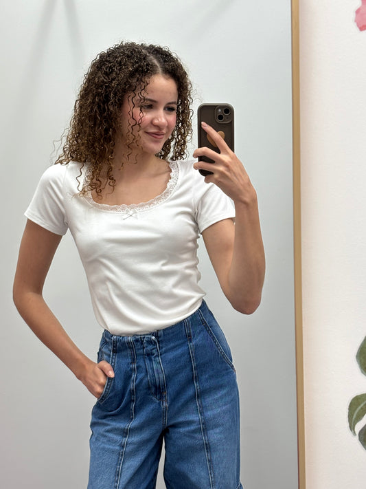 Lace Trim Ribbed Tee White