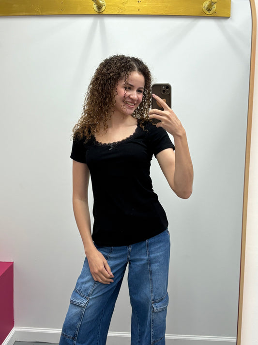 Lace Trim Ribbed Tee Black