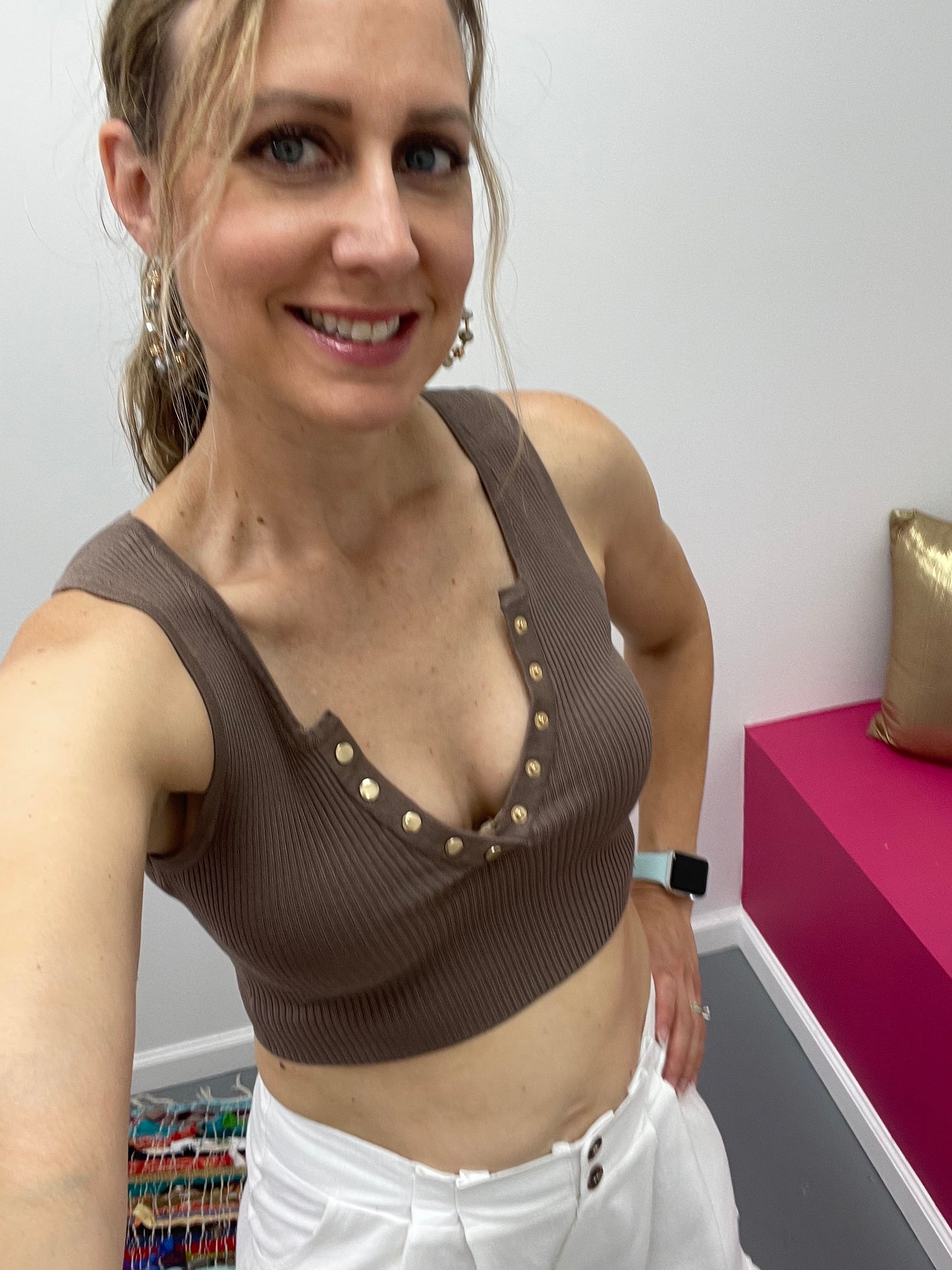 V Neck Buttons Knit Top Cocoa