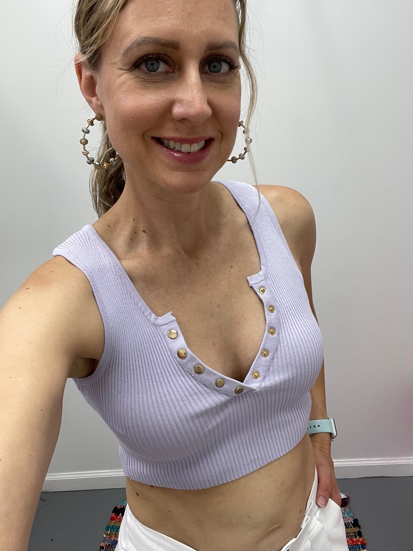 V Neck Buttons Knit Top Lilac