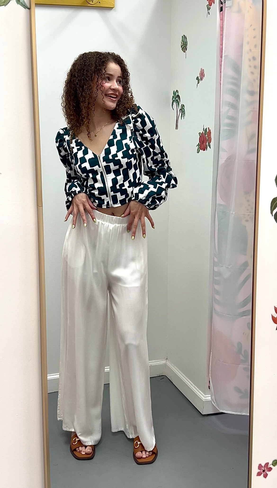 Zip Up Puff Sleeve Crop Blouse Teal