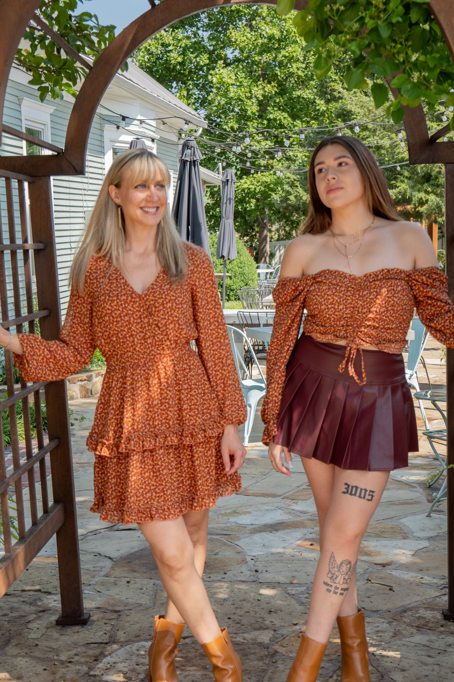 Rust Floral Chiffon Tiered Dress