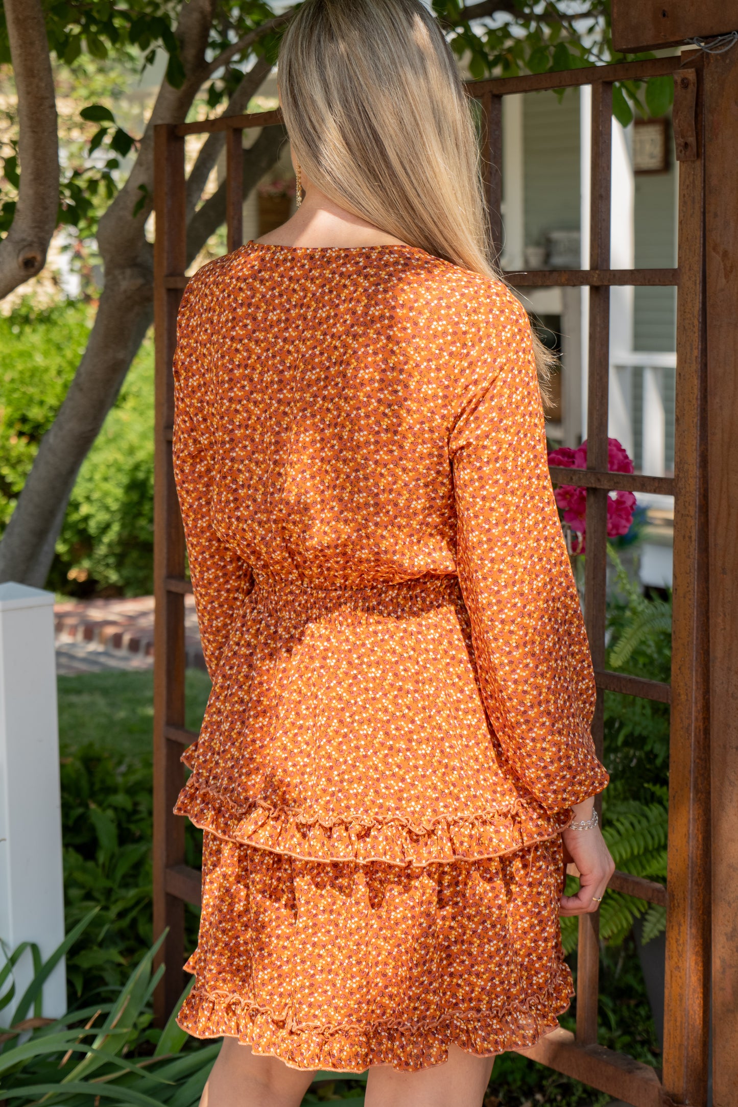 Rust Floral Chiffon Tiered Dress