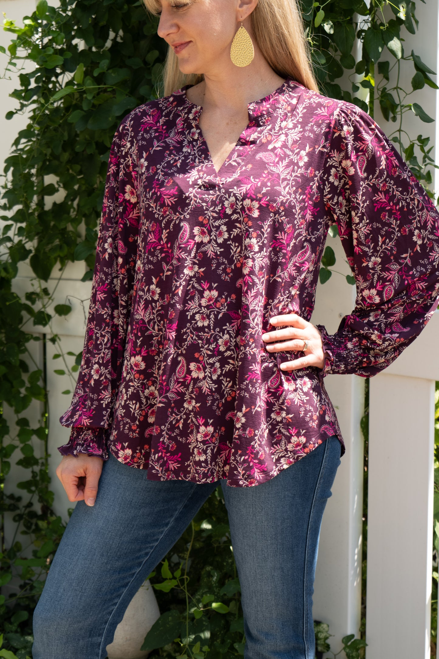 Long Sleeve Floral Tunic Wine