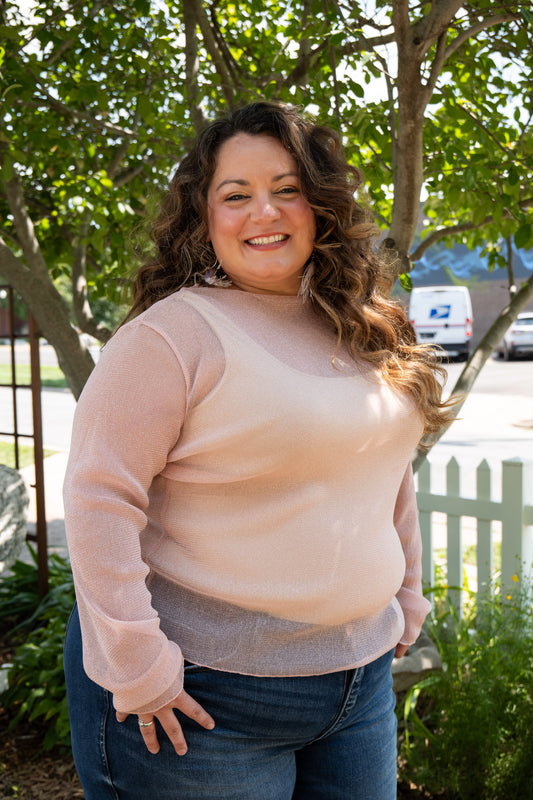 Long Sleeve Mesh Top Pink Sparkle