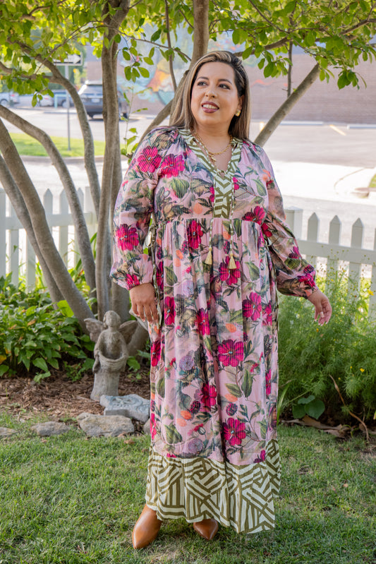 Side Tie Floral Maxi Dress Pink