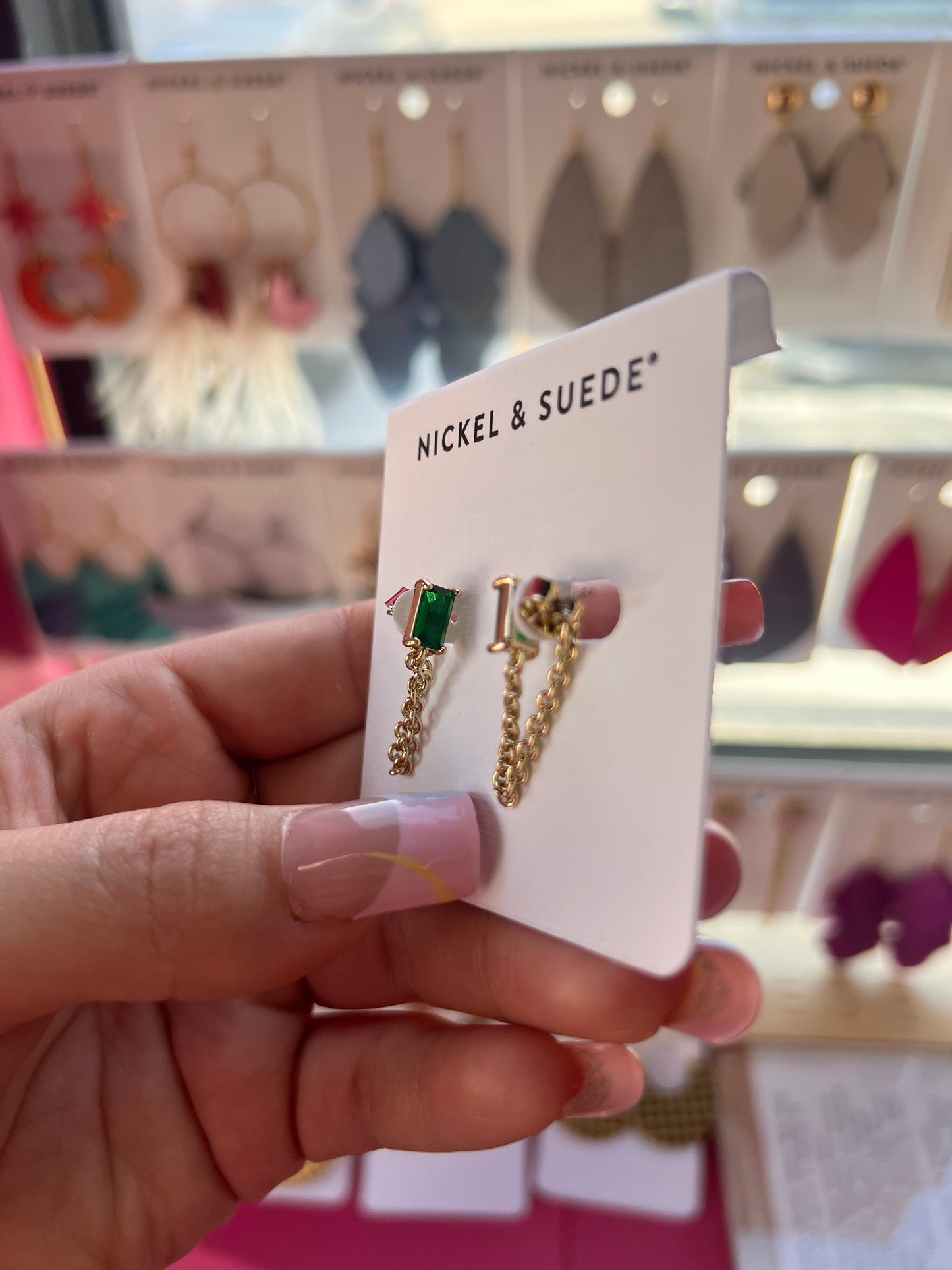 Green Baguette Chain Drop Studs