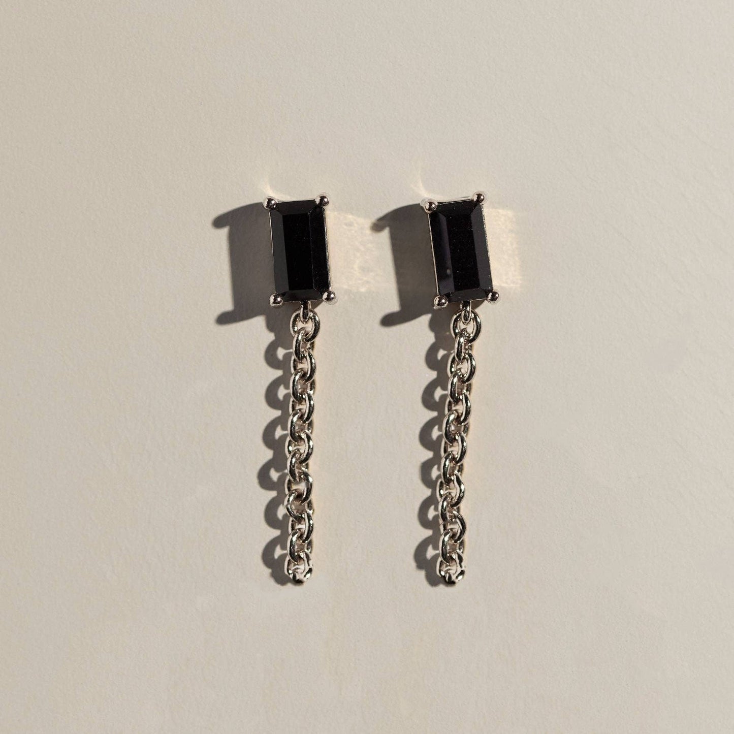 Black Baguette Chain Drop Studs
