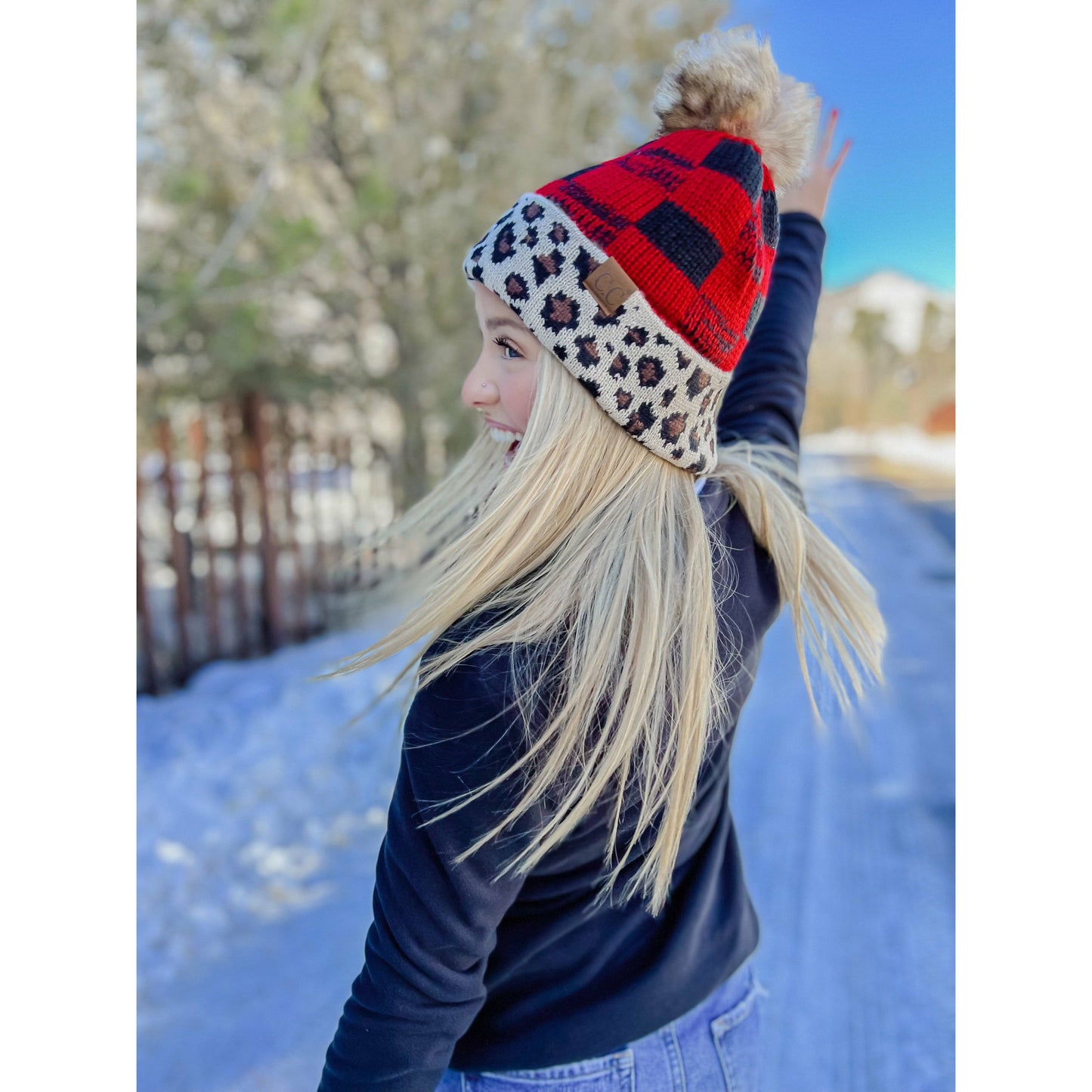 Leopard/Buffalo Fur PomBeanie