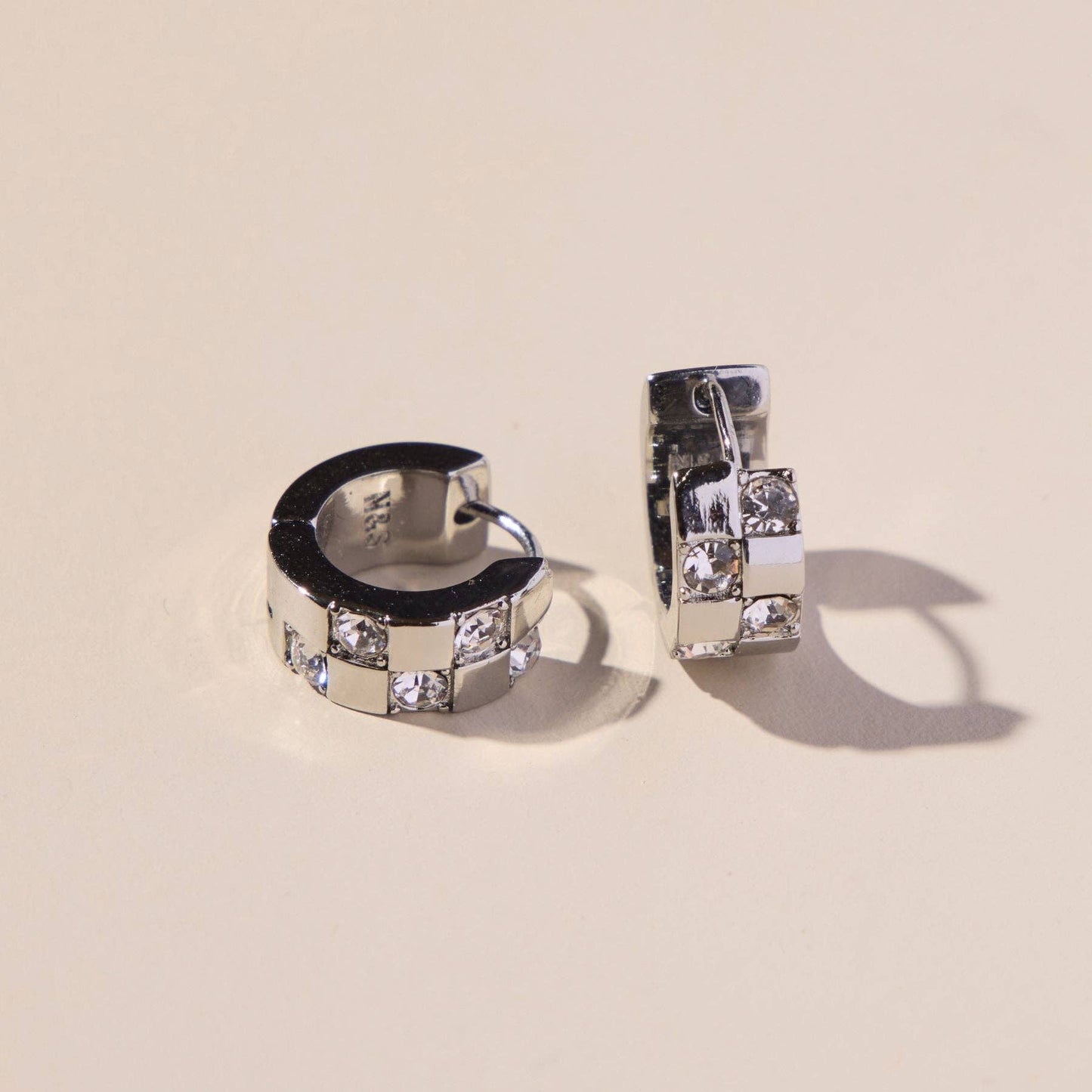 Silver Pavé Checkered Huggies