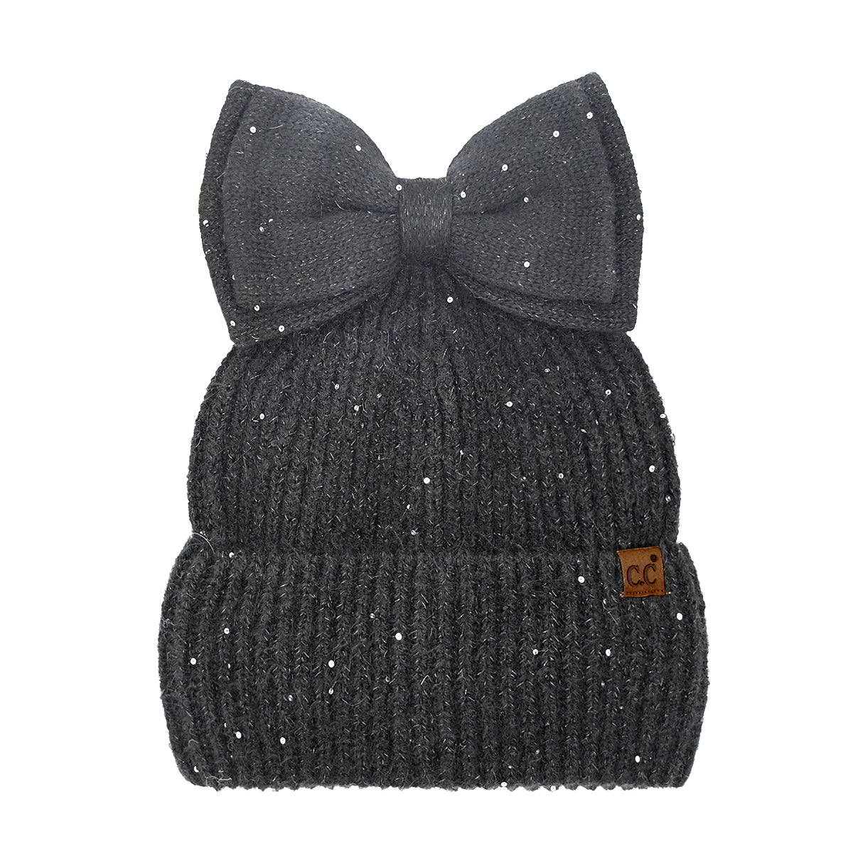 Sequin Bow Messy Bun Beanie