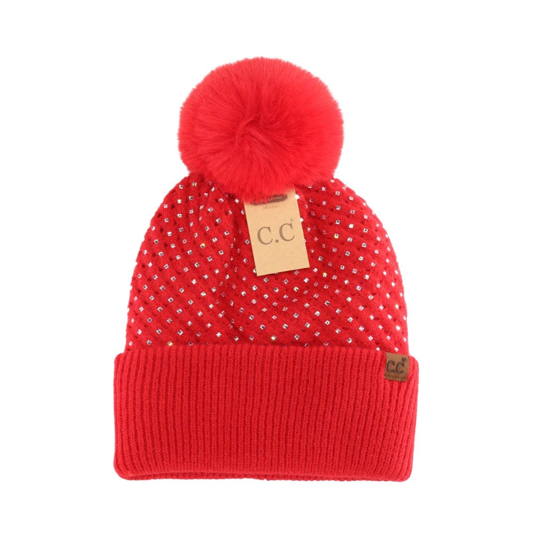 Allover Bling Pom Beanie Red